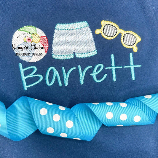 Beach ball, boys swim trunks, sunglasses trio sketch stitch machine embroidery design file, ocean, water, vacation, sunnies, swimsuit