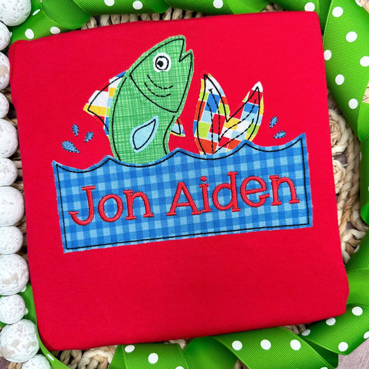 BUNDLE Fish jumping out of water with name plate zig zag & bean stitch machine embroidery design file, outdoors, fishing, bass, quick stitch