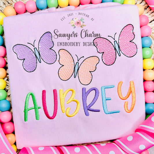 Butterfly trio "watercolor" sketch stitch machine embroidery design file, spring, summer, outdoors, insects, bugs, girl, quick stitch