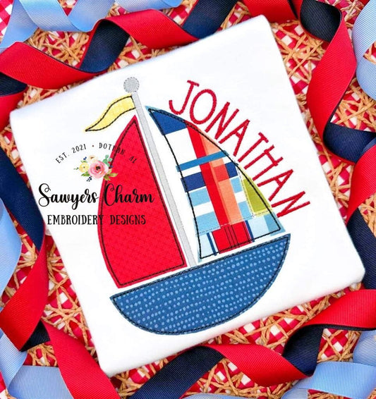 BUNDLE Bean stitch sailboat, with and without bow machine embroidery design file, quick stitch, summer, nautical, beach, water vessel