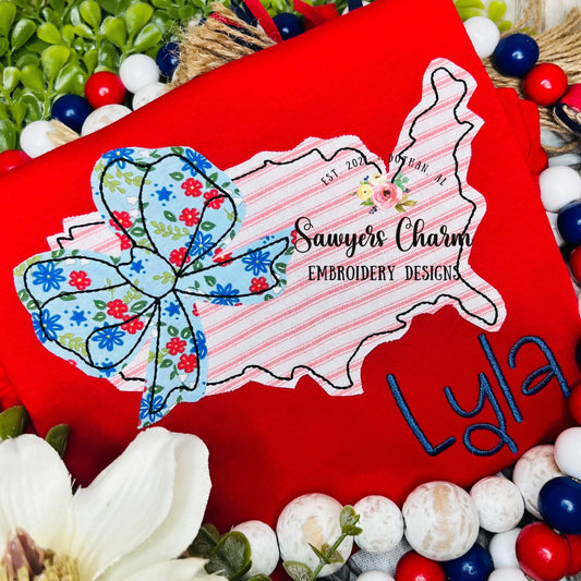 BUNDLE USA map flag with bow bean & zigzag stitch machine embroidery design file, 4th of July, patriotic, stars/stripes, summer, America
