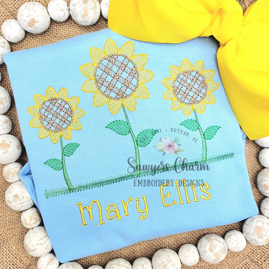 Gingham sunflowers trio sketch stitch embroidery design file, fall, harvest, fall leaves, floral, quick stitch, summer, spring