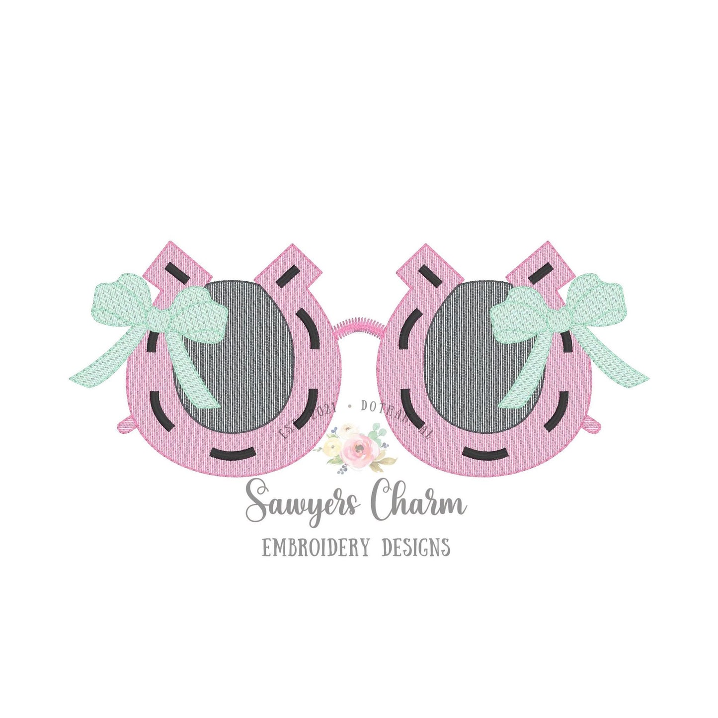 Horse shoes sunglasses with bow sketch stitch machine embroidery design file, sunnies, shades, horseshoe, Kentucky derby race, jockey, roses