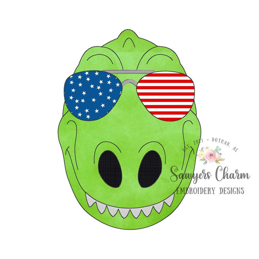 T-Rex dinosaur with sunglasses bean stitch applique machine embroidery design file, quick stitch, sunnies, shades, summer, rawr, patriotic