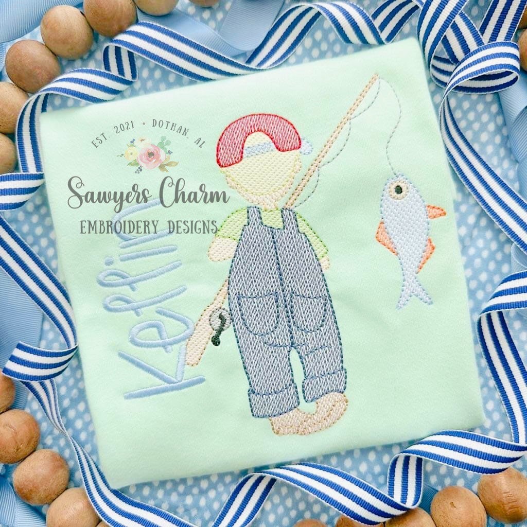 Little boy fishing sketch stitch machine embroidery design file, fishing pole, spring summer, quick stitch, baseball hat/cap, outdoors