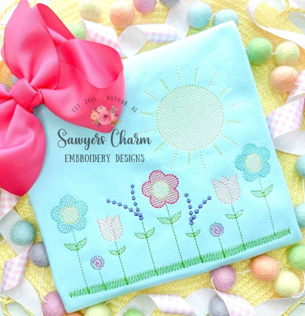 Row of wildflowers in grass with sunshine, sketch stitch machine embroidery design file, spring flowers tulip daisy lavender summer outdoors