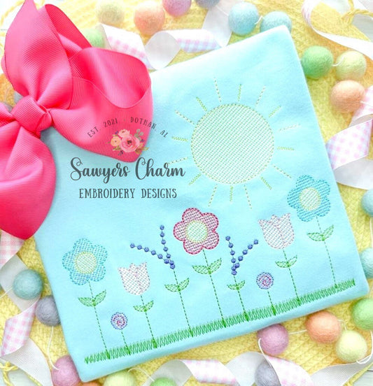 Row of wildflowers in grass with sunshine, sketch stitch machine embroidery design file, spring flowers tulip daisy lavender summer outdoors