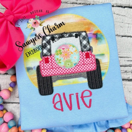 Off Road SUV vehicle truck & tire with sunset zigzag stitch applique, machine embroidery design file, transportation, mudding, beach summer