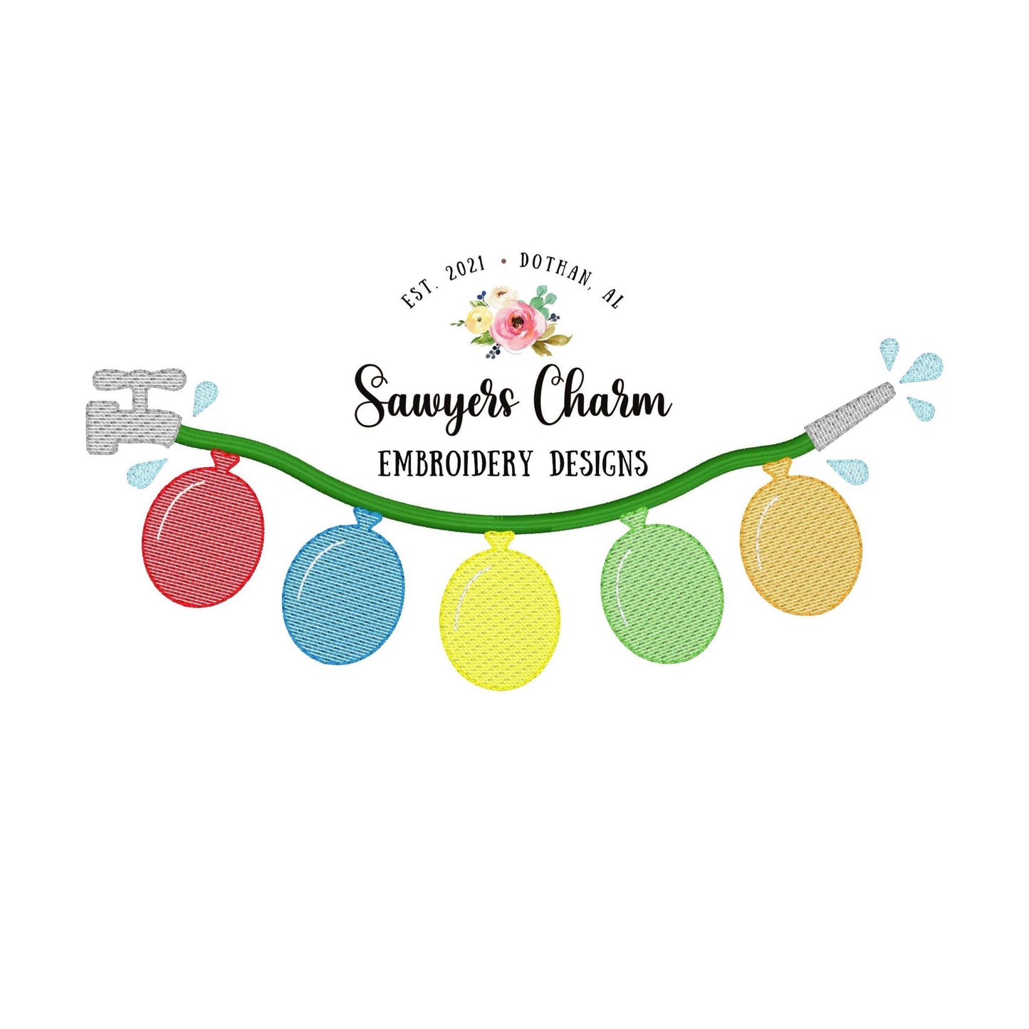 Water balloons bunting banner sketch stitch machine embroidery design file, summer spring, outdoors birthday, water hose, splash, soak