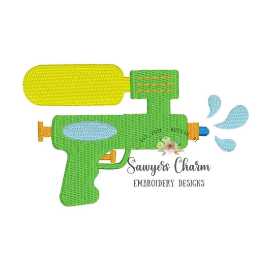 Water gun mini fill machine embroidery design file, summer spring, outdoors swimming pool party splash, super soaker squirt gun, monograms