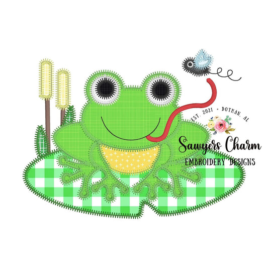 BUNDLE Girl/Boy frog on lily pad bean & ZZ stitch applique, machine embroidery design file, quick stitch, spring summer flower bow insects