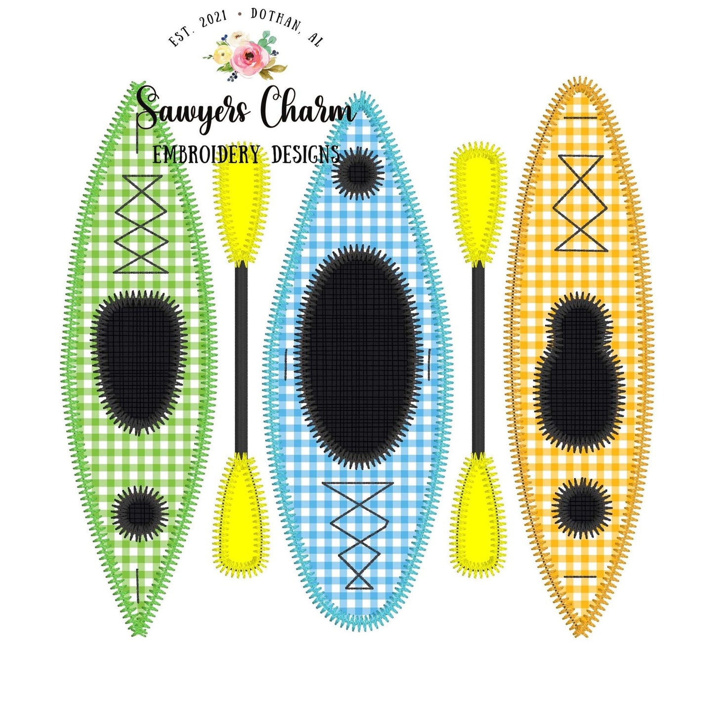 BUNDLE Kayak trio with paddles bean & zigzag applique machine embroidery design file, summer nautical beach, lake, paddle boarding, water