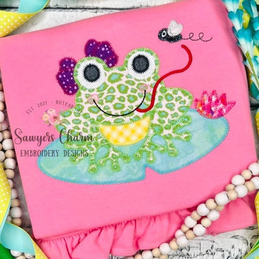 BUNDLE Girl/Boy frog on lily pad bean & ZZ stitch applique, machine embroidery design file, quick stitch, spring summer flower bow insects
