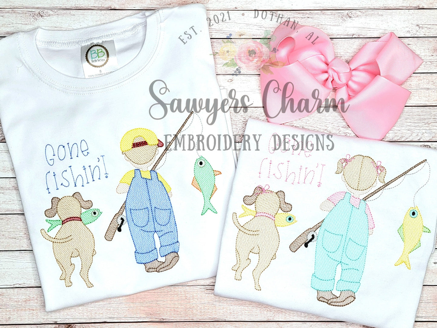 BUNDLE Little girl AND boy fishing with dog sketch stitch machine embroidery design file, fishing pole, spring summer, quick stitch, outdoor