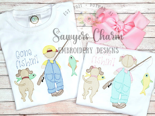 BUNDLE Little girl AND boy fishing with dog sketch stitch machine embroidery design file, fishing pole, spring summer, quick stitch, outdoor