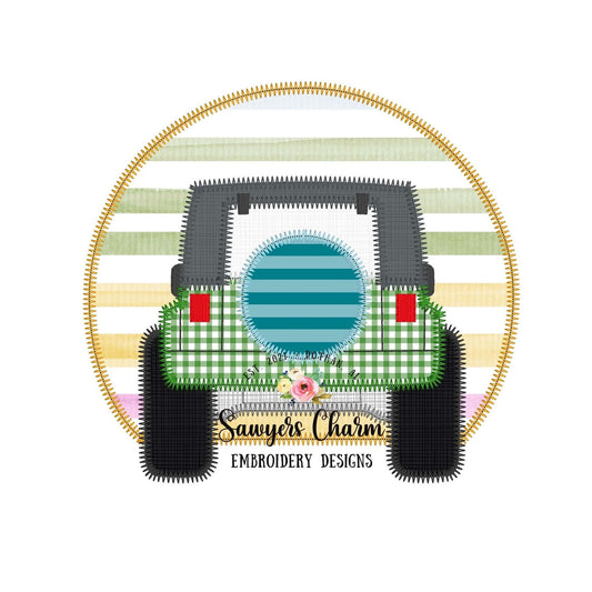 BUNDLE of 3 Off Road SUV vehicle trucks zigzag stitch applique, machine embroidery design file, sunset, patriotic American flag, summer