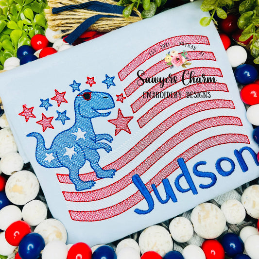 BUNDLE T-Rex American flag with & without sunglasses sketch stitch machine embroidery design file, bean stitch, 4th of July, stars stripes