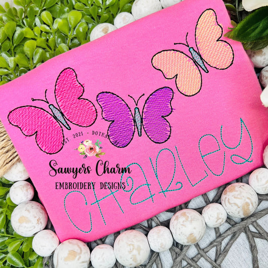 Butterfly trio "watercolor" sketch stitch machine embroidery design file, spring, summer, outdoors, insects, bugs, girl, quick stitch