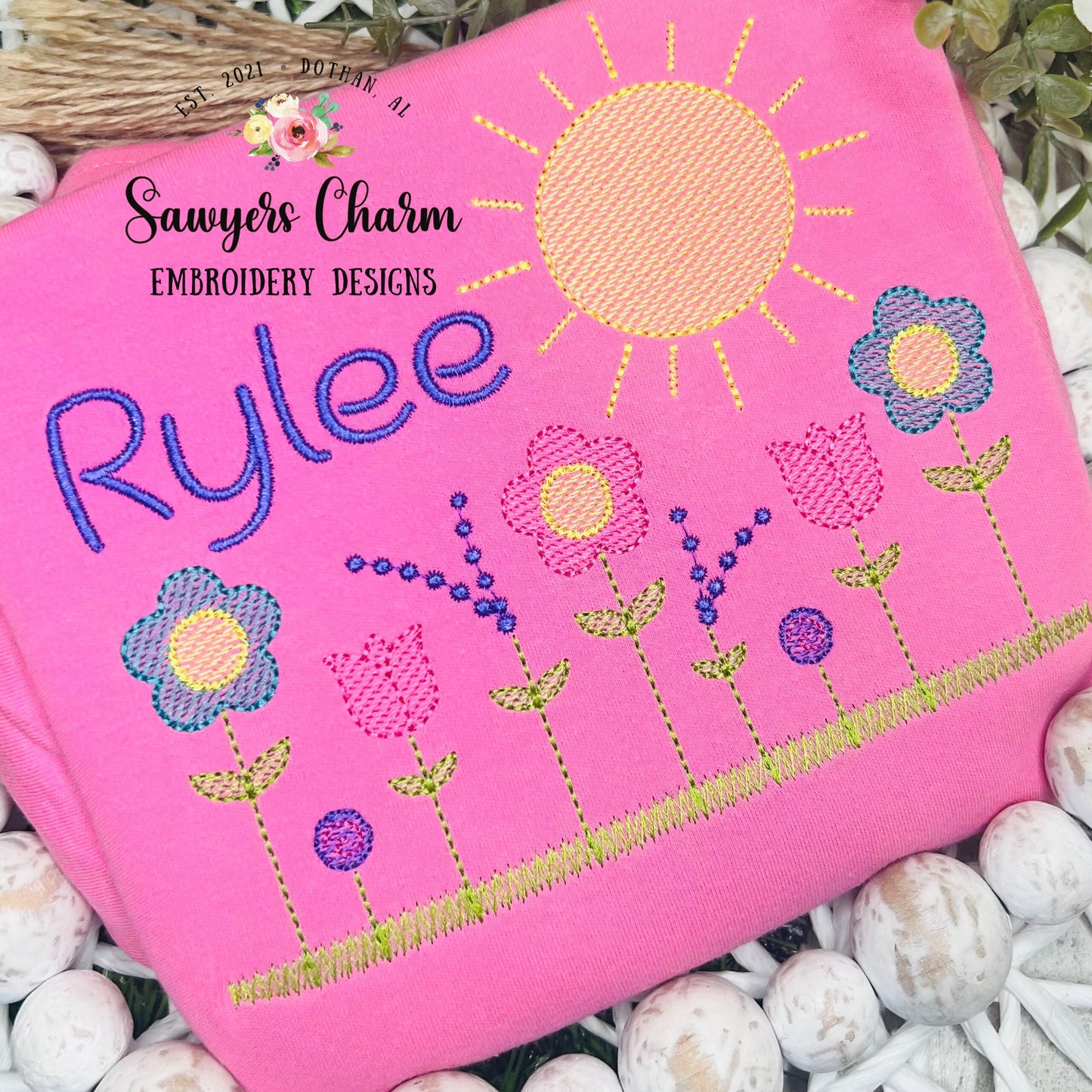 Row of wildflowers in grass with sunshine, sketch stitch machine embroidery design file, spring flowers tulip daisy lavender summer outdoors