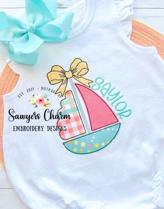 BUNDLE Bean stitch sailboat, with and without bow machine embroidery design file, quick stitch, summer, nautical, beach, water vessel