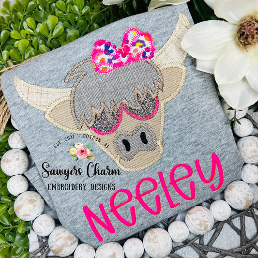BUNDLE Highland cow with sunglasses boy & girl zig zag stitch applique machine embroidery design file, bow, summer sunnies shades, farm
