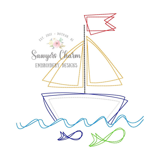 Squiggly sailboat with fish and waves bean stitch machine embroidery design file, quick stitch, sailboat, ocean beach water, summer spring