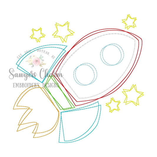 Squiggly rocket ship with stars bean stitch machine embroidery design file, quick stitch, astronaut, outer space, planets, shuttle, moon sun