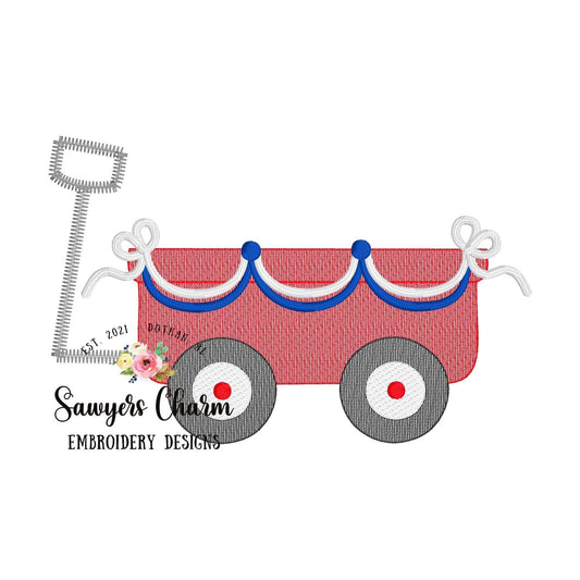 Patriotic bunting banner Little red wagon sketch stitch machine embroidery design file, spring summer, USA God Bless America stars & stripes