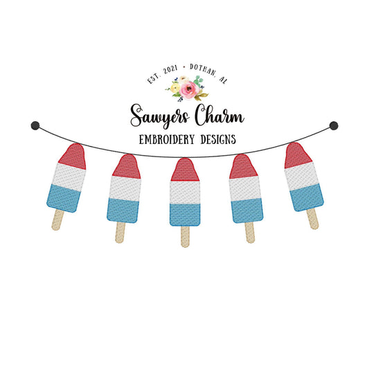 Patriotic rocket pop bunting banner sketch stitch machine embroidery design file, bean stitch, stars stripes, red white blue July 4th, USA