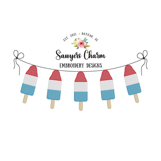 Patriotic rocket pop bunting banner sketch stitch machine embroidery design file, bean stitch, stars stripes, red white blue July 4th, USA