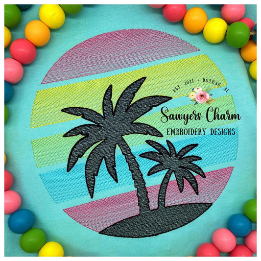 BUNDLE Beach Palm trees silhouette bean stitch applique & sketch stitch, machine embroidery design file, quick stitch, summer, nautical