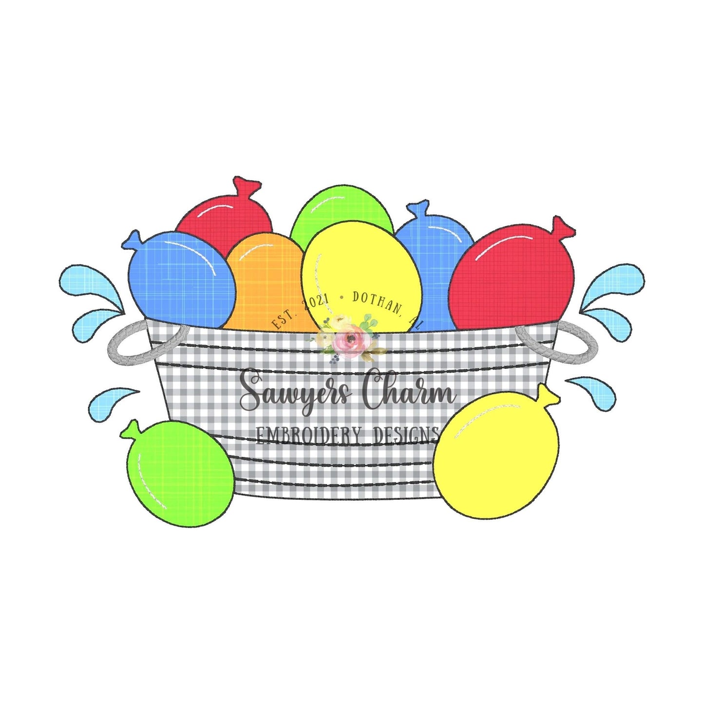 Water balloons bucket bean stitch applique, machine embroidery design file, summer spring, outdoors birthday swimming pool party splash soak