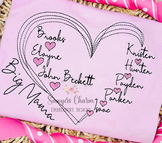 Scribble heart frame for names, bean stitch, machine embroidery design file, quick stitch, sketch stitch hearts, Mother's Day, love, grandma