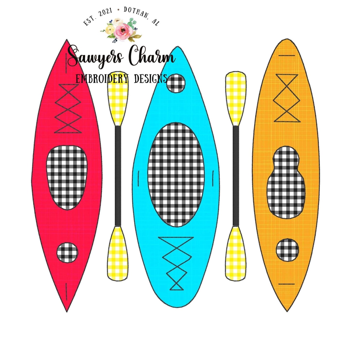 BUNDLE Kayak trio with paddles bean & zigzag applique machine embroidery design file, summer nautical beach, lake, paddle boarding, water