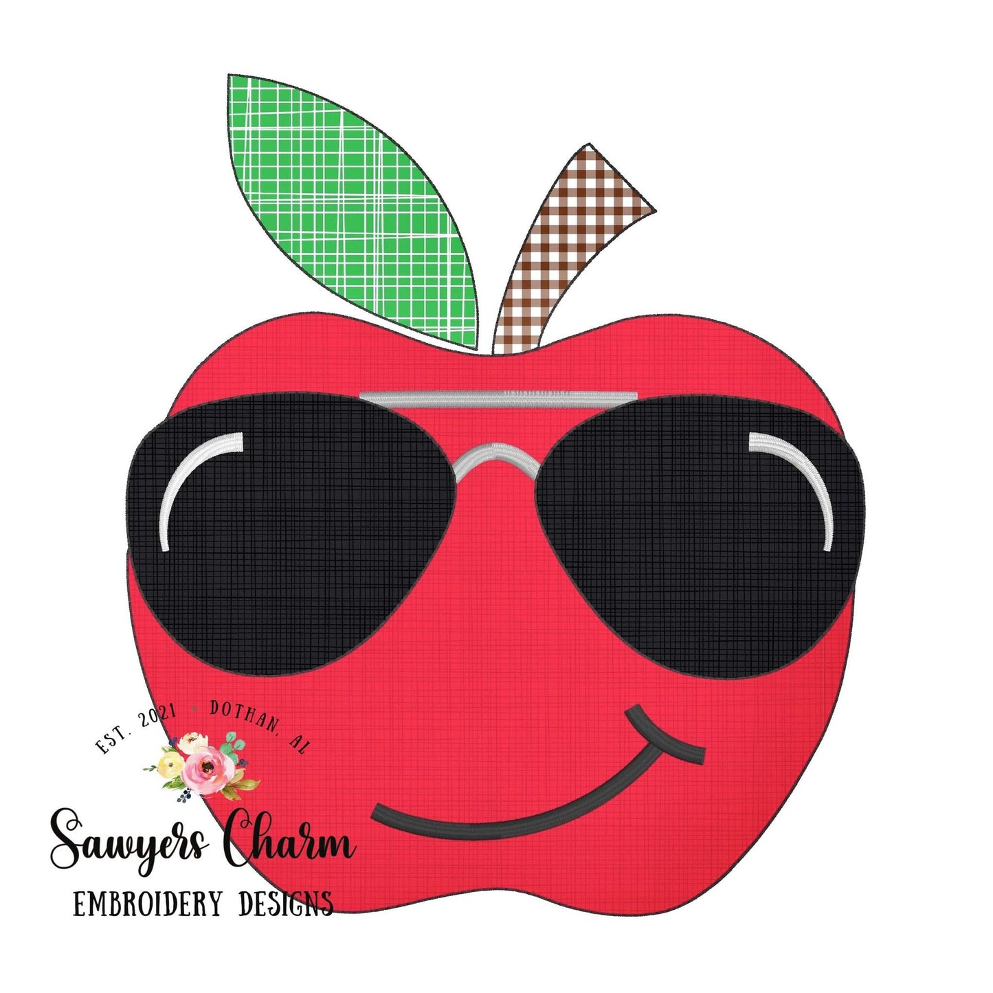 BUNDLE Apple with sunglasses zigzag & bean stitch applique machine embroidery design file, dino, back to school, sunnies, quick stitch, cool