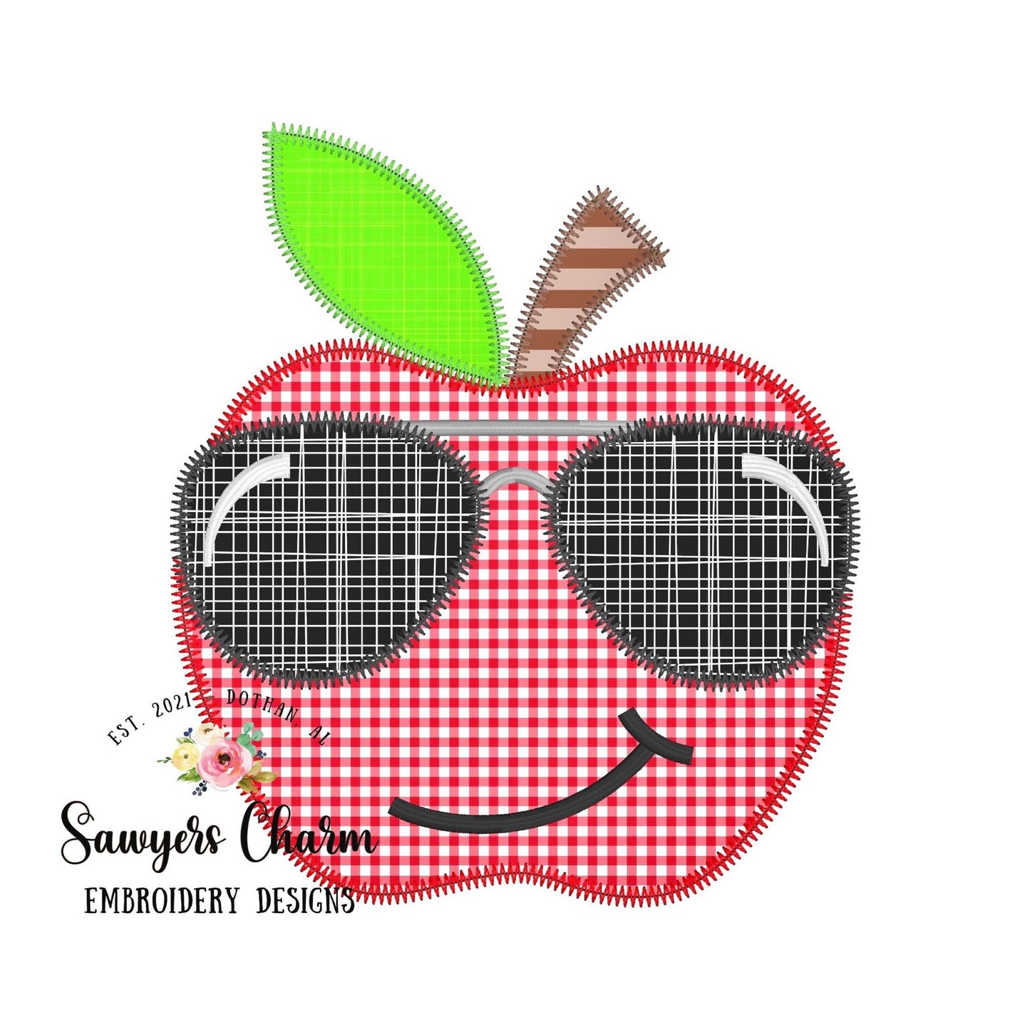 BUNDLE Apple with sunglasses zigzag & bean stitch applique machine embroidery design file, dino, back to school, sunnies, quick stitch, cool