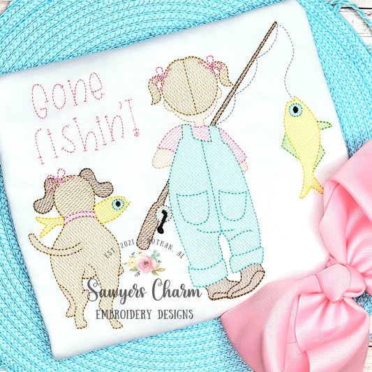 Little girl fishing with dog sketch stitch machine embroidery design file, fishing pole, quick stitch, spring summer, with pigtails & buns