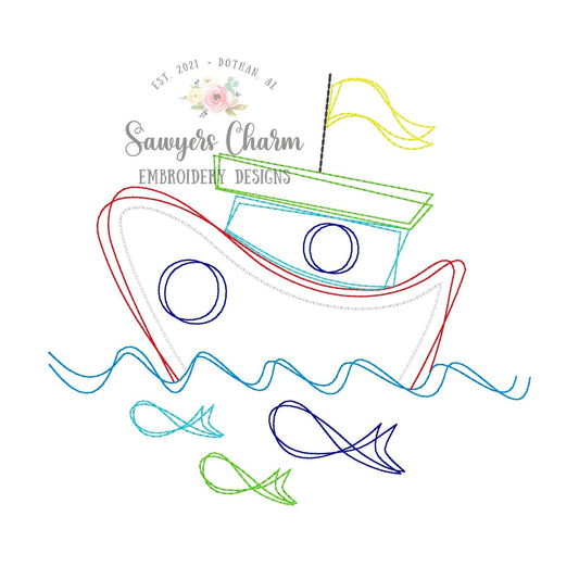 Squiggly tugboat with fish and waves bean stitch machine embroidery design file, quick stitch, tug boat, ocean beach water, summer spring