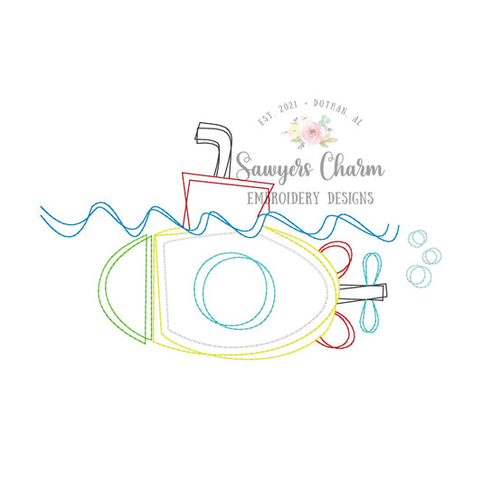 Squiggly submarine with waves bean stitch machine embroidery design file, quick stitch, sub, ocean beach water summer spring marine life