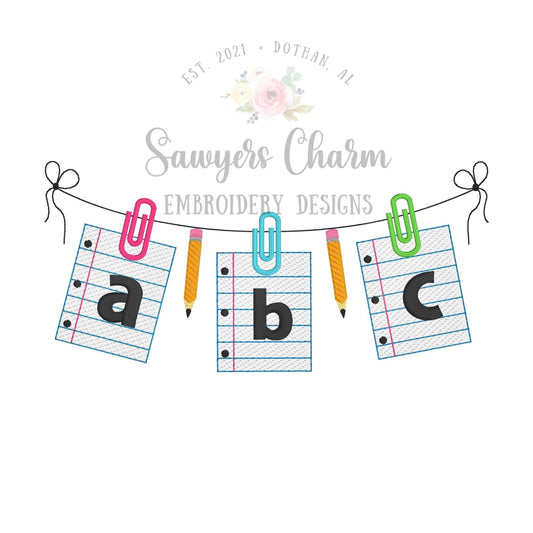 BUNDLE ABC school pencil/notebook paper bunting banner with & without bows, sketch stitch machine embroidery design file, quick stitch