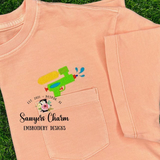 Water gun mini fill machine embroidery design file, summer spring, outdoors swimming pool party splash, super soaker squirt gun, monograms