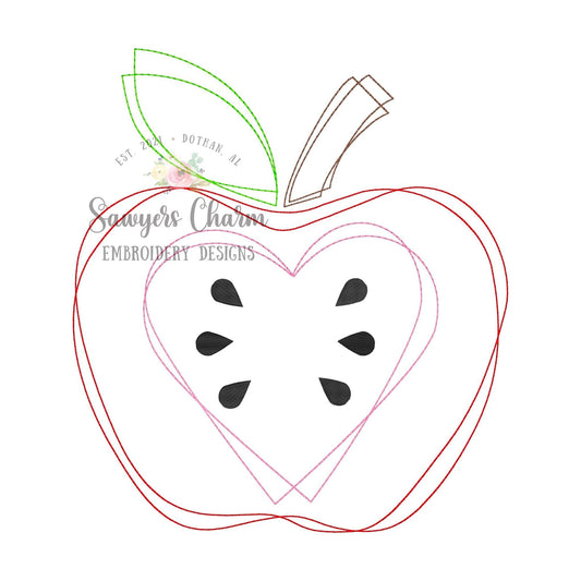 BUNDLE Squiggly Back to school apple with & without heart bean stitch embroidery design file, quick stitch, fall, teacher, student, scribble