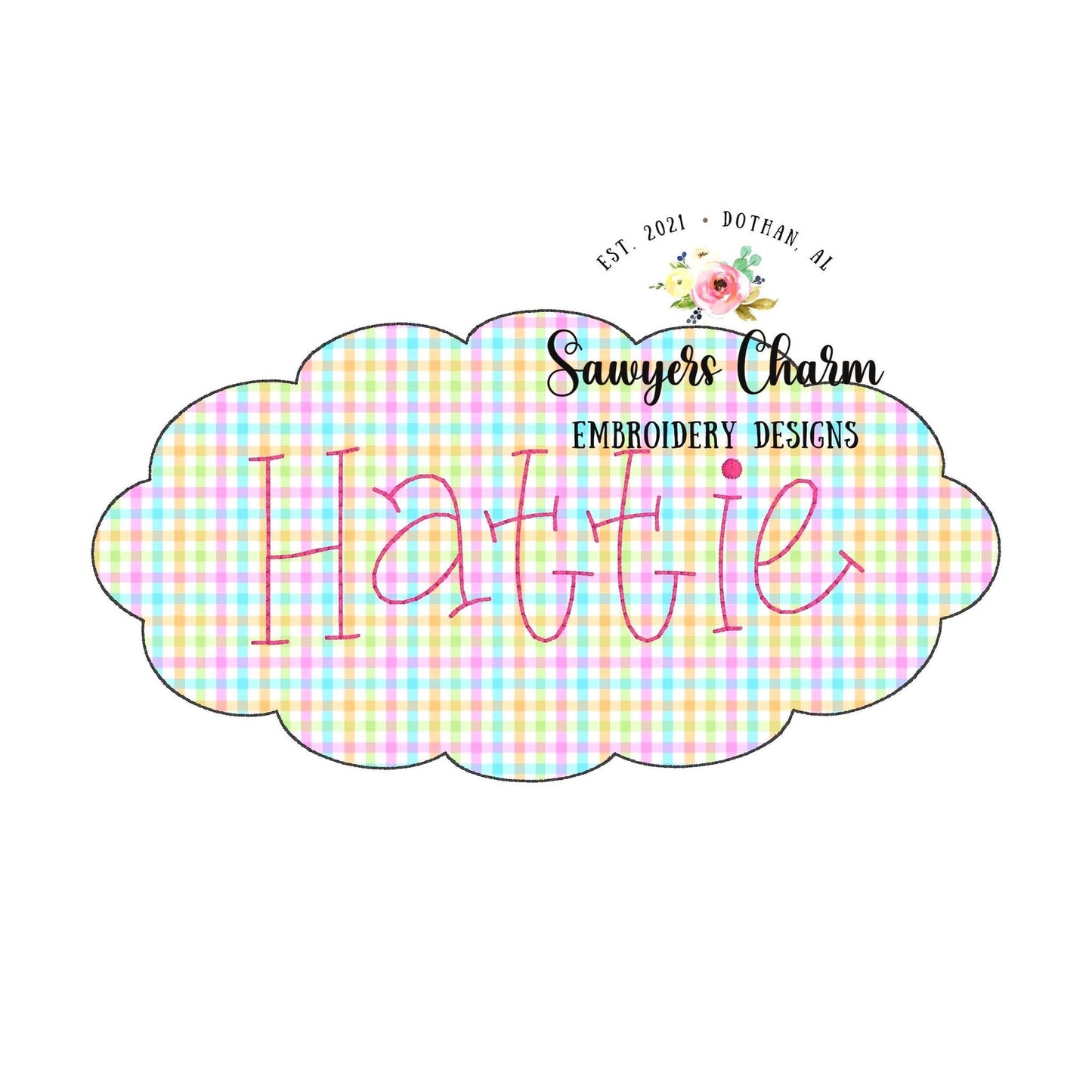 BUNDLE 5 scallop oval name plate/frame machine applique embroidery design file, bean stitch, zigzag, scribble, blanket stitch, satin stitch