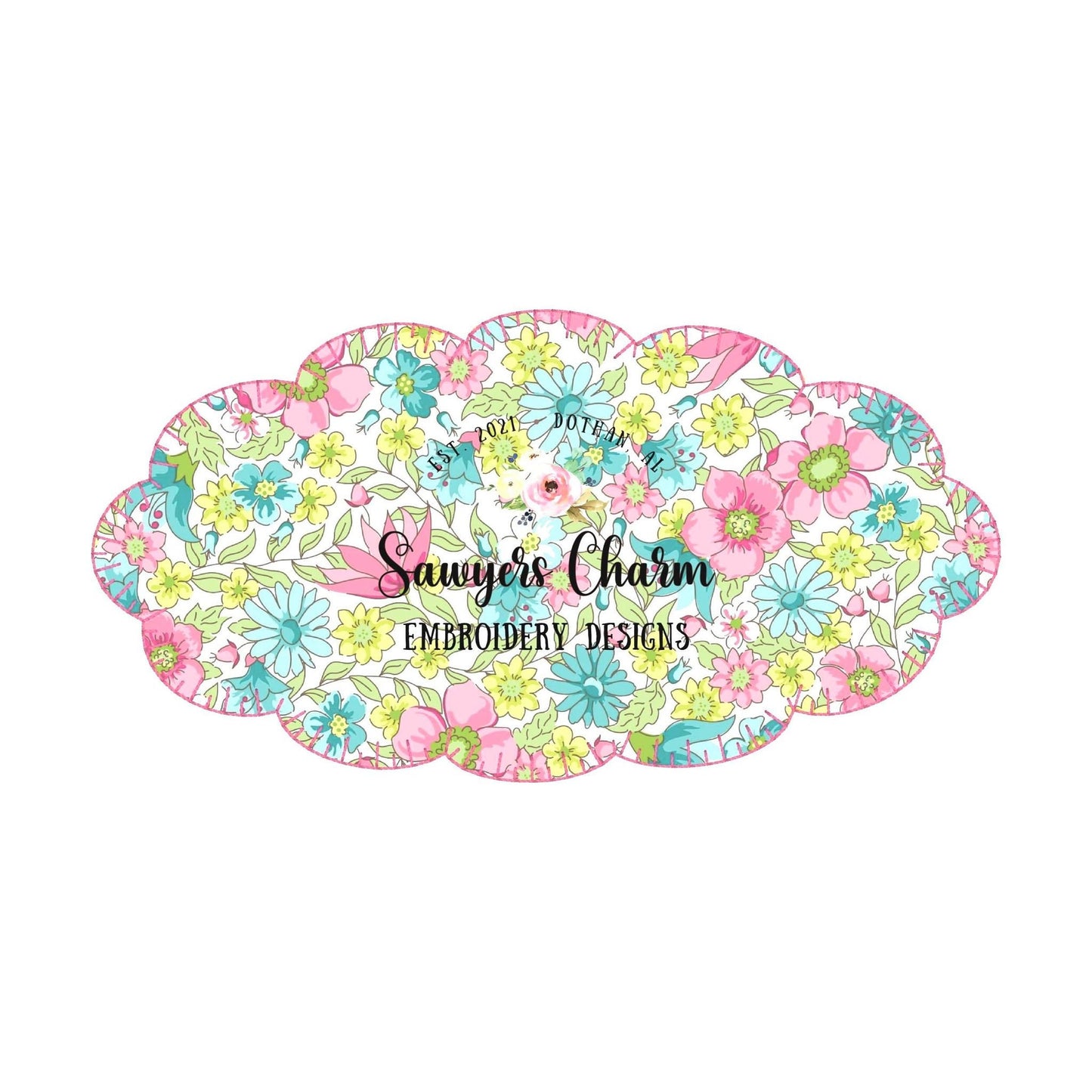 BUNDLE 5 scallop oval name plate/frame machine applique embroidery design file, bean stitch, zigzag, scribble, blanket stitch, satin stitch