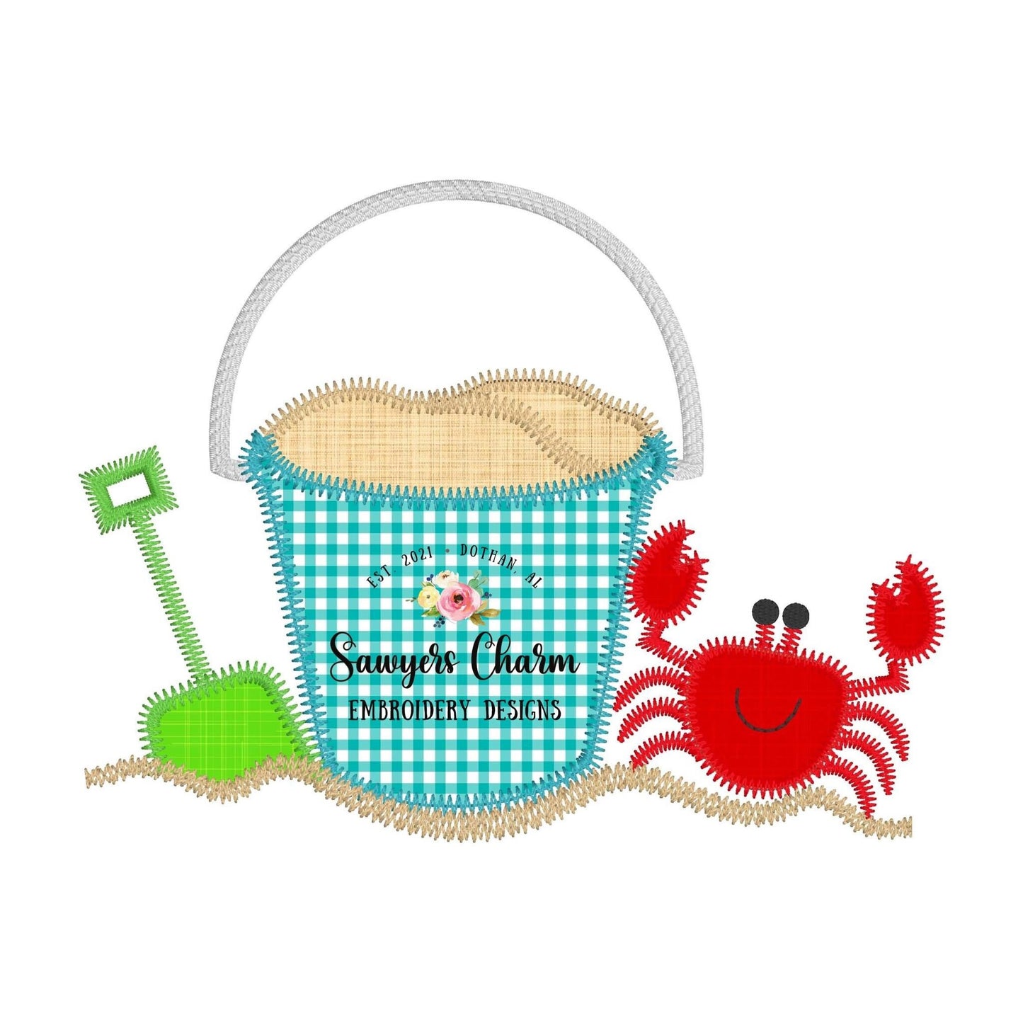 BUNDLE Beach sand pail/bucket & shovel with crab zigzag and satin stitch machine embroidery design file, sand, ocean, water, vacation, sun