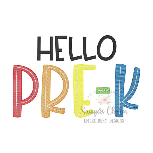 BUNDLE Hello Pre-K, Kindergarten, First, Second, Third, Fourth, Fifth grade sketch stitch embroidery design file, satin stitch, bean stitch