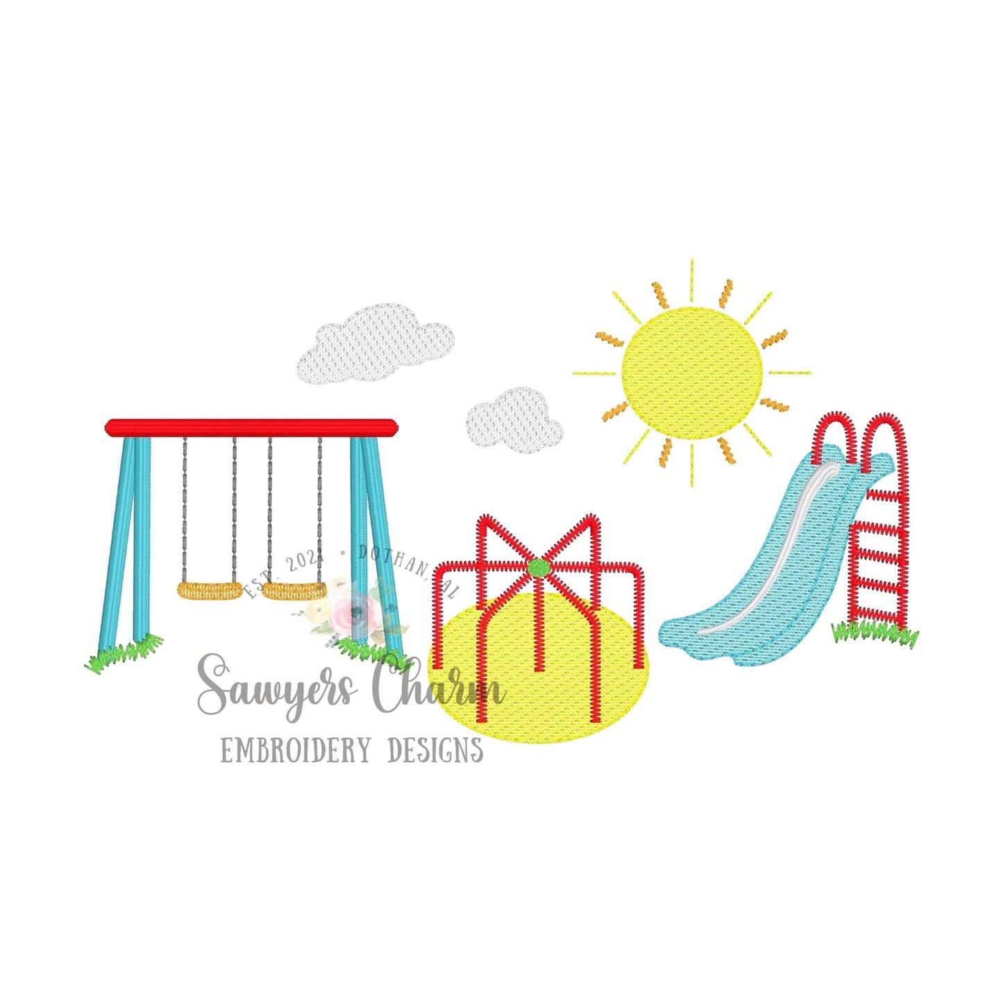 Playground equipment trio sketch stitch machine embroidery design file, quick stitch, back to school, recess, slide, swing, merry go round