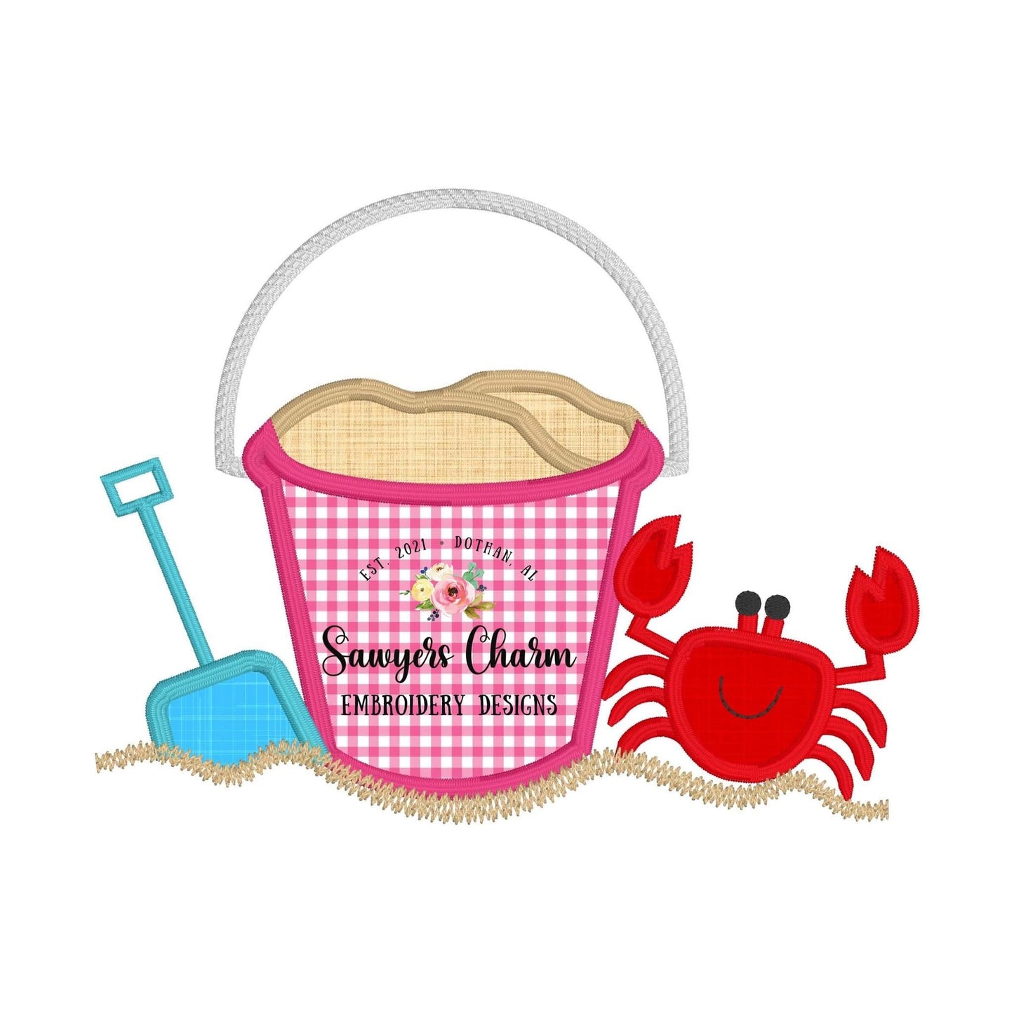 BUNDLE Beach sand pail/bucket & shovel with crab zigzag and satin stitch machine embroidery design file, sand, ocean, water, vacation, sun