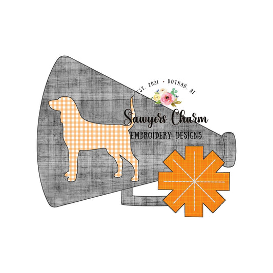 Megaphone pom pom hound dog bean stitch applique, machine embroidery design file, cheerleading, mascot, college high school, vols, smokey