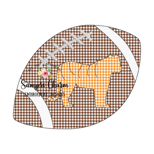 Sports football tiger silhouette bean stitch applique, machine embroidery design file, cheerleading, mascot, college high school university